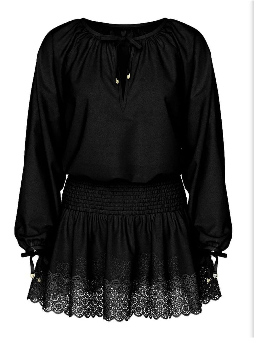 Victoria's Secret Black Linen Blend Smocked Dress Lace Trim NWT Small